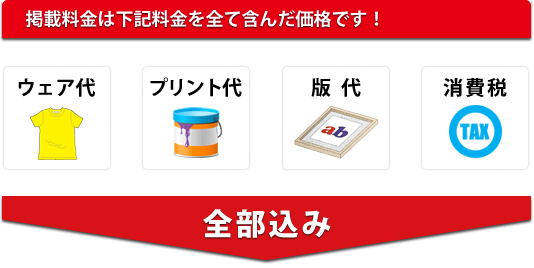 ウエア代、プリント代、版代、消費税全て込みの料金